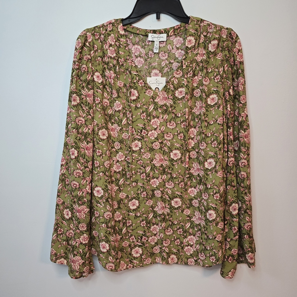 Jessica Simpson Leslie Boho Botanical Dots Tunic Top Small Green Pink